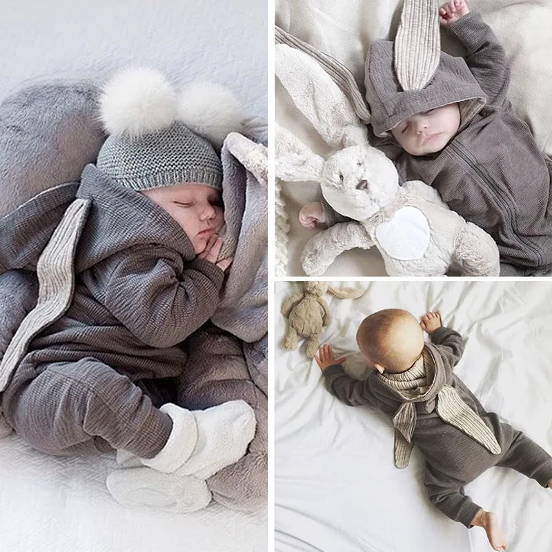 Unisex Infant Onesies Spring and Autumn Baby Crawling Rabbit Ears Cartoon Newborn Romper Zipper Long Sleeve Children Clothing