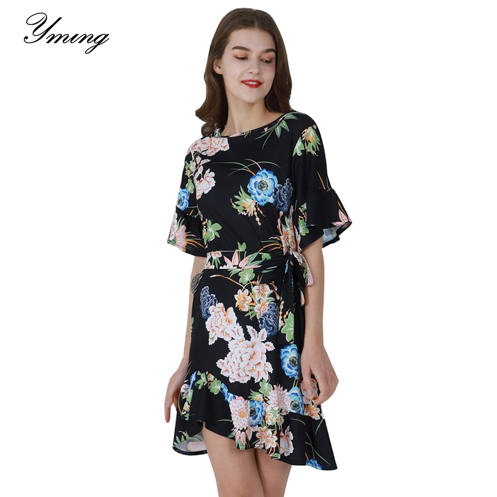 

YMING Floral Print Boho Elegent Women Dress Half Sleeve Evening Party Dresses Tie Side Black Beach Sundress Office Ladies Dress