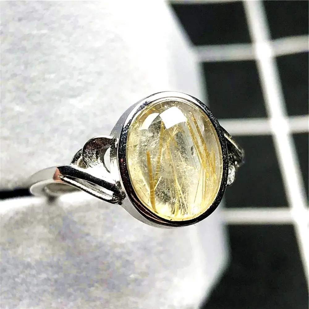 

Natural Gold Rutilated Crystal Ring For Woman Man Silver Clear Quartz 12x10mm Oval Beads Gemstone Adjustable Ring Jewelry AAAAA
