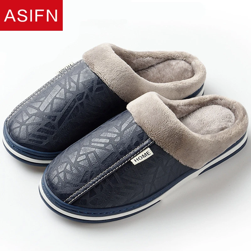 ASIFN Men Slippers Indoor PU Leather Winter Waterproof Warm Home Fur Women Slippers Male Couple Platform Fluffy Big Sizes Shoes images - 6