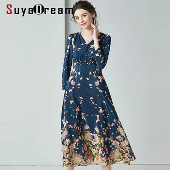 

SuyaDream Women Floral Print Long Dress 100%Silk Beach style Long Sleeved V neck Calf Length Silk Dresses 2020 Spring New