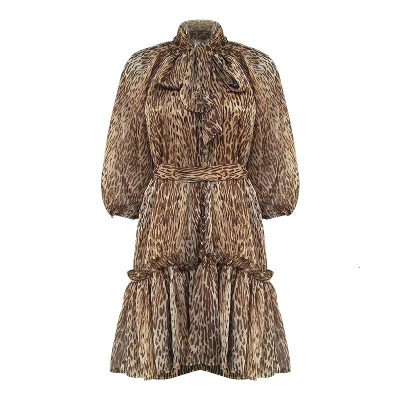 leopard SISPELL, леопардовое женское платье со стоячим воротником, на шнуровке, с рукавами-фонариками, с высокой талией, с рюшами, платья-рубашки, женские,, винтажные, Осенние - Цвет: leopard