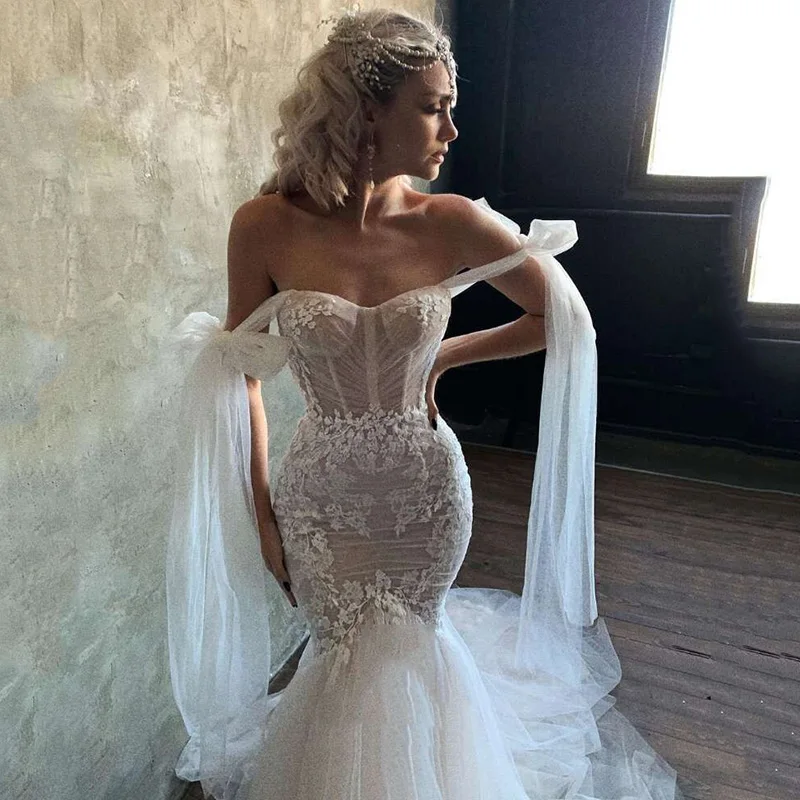 Sexy Mermaid Wedding Dresses 2021 Champagne Bride Dress Lace off Shoulder Vestido de Noiva Sereia Berta Wedding Gowns 2