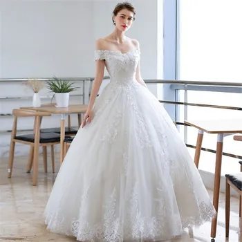 

Off Shoulder Short Sleeves Lace Appliques A-Line Wedding Dresses 2020 Modest Floor Length Bridal Gowns Bandage Back Corset
