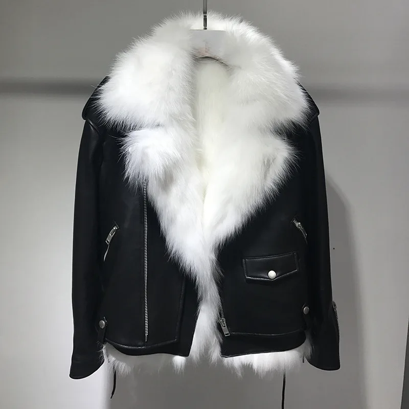 Женский зимний белый жилет из натурального Лисьего меха+ черные Мотоциклетные Куртки из натуральной кожи короткая верхняя одежда тонкий уличная куртка W1857