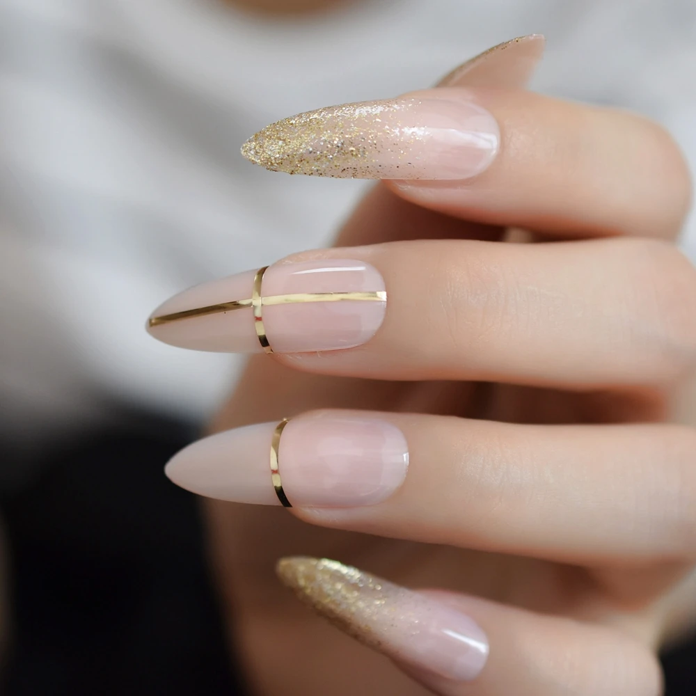 Длинные острые высококачественные искусственные наконечники великолепного золотого дизайна, красивые накладные ногти с острым носком, искусственные наконечники для ежедневного дизайна ногтей