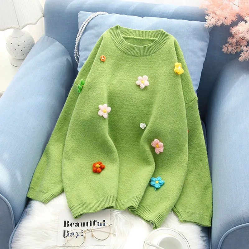 

Autumn And Winter Loose Pullover Sweater Three-dimensional Floral Women O-Neck Knitted Pullovers