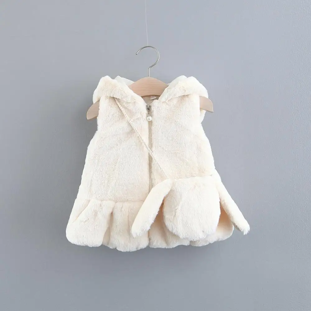Осенне-зимний однотонный флисовый жилет с капюшоном и искусственным мехом для маленьких девочек Детские кардиганы, Детская верхняя одежда, пальто+ сумка с кроликом casaco