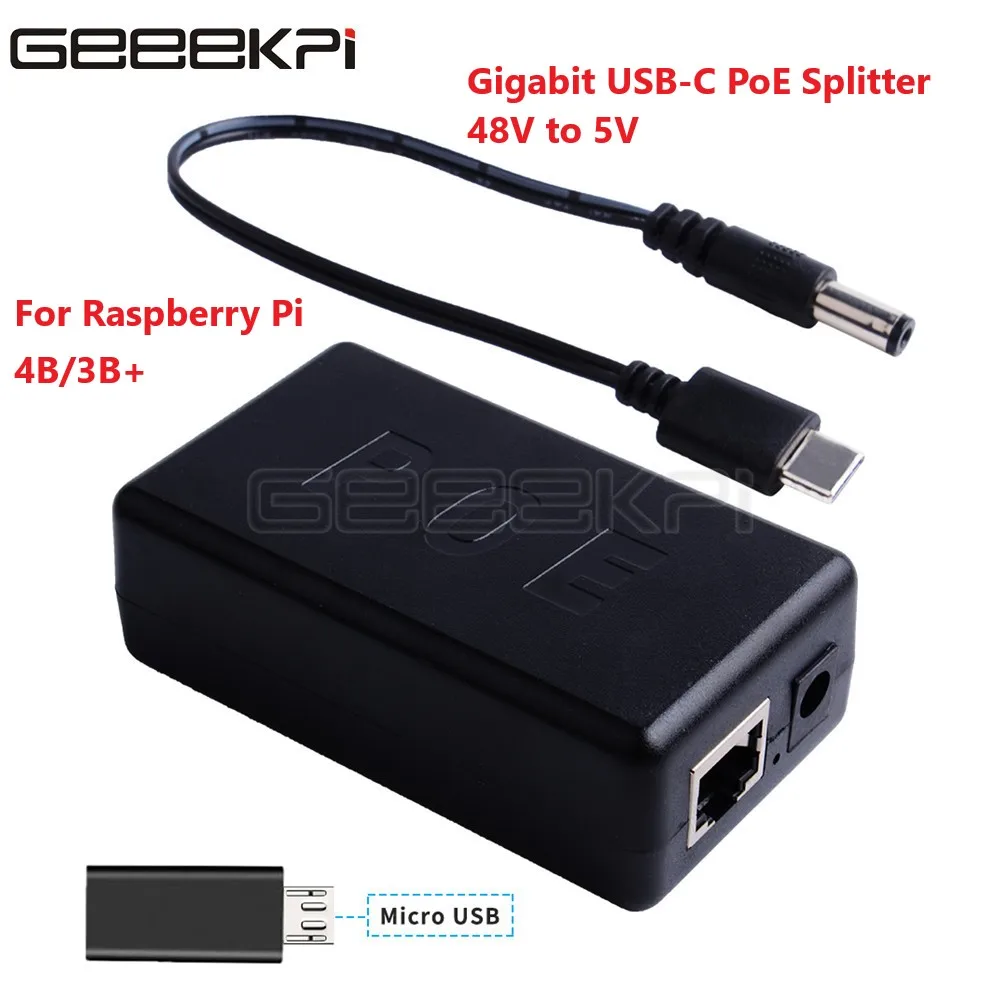 Кабель PoE Gigabit Raspberry Pi 4B активный сплиттер USB Type-C 48 В до 5 Power Over Ethernet коммутатор для