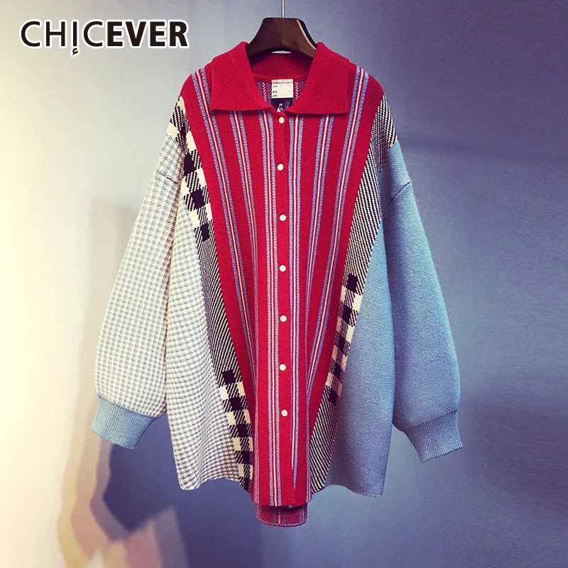 CHICEVER Patchwork Striped Hit Color Women's Sweater Lapel Collar Lantern Sleeve Oversize Casual Female Cardigans 2020 Autumn |