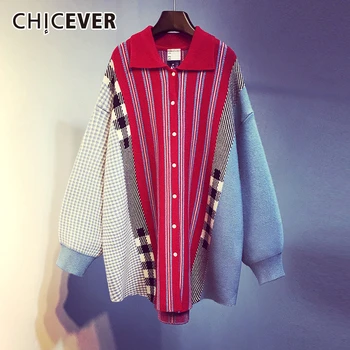 

CHICEVER Patchwork Striped Hit Color Women's Sweater Lapel Collar Lantern Sleeve Oversize Casual Female Cardigans 2020 Autumn