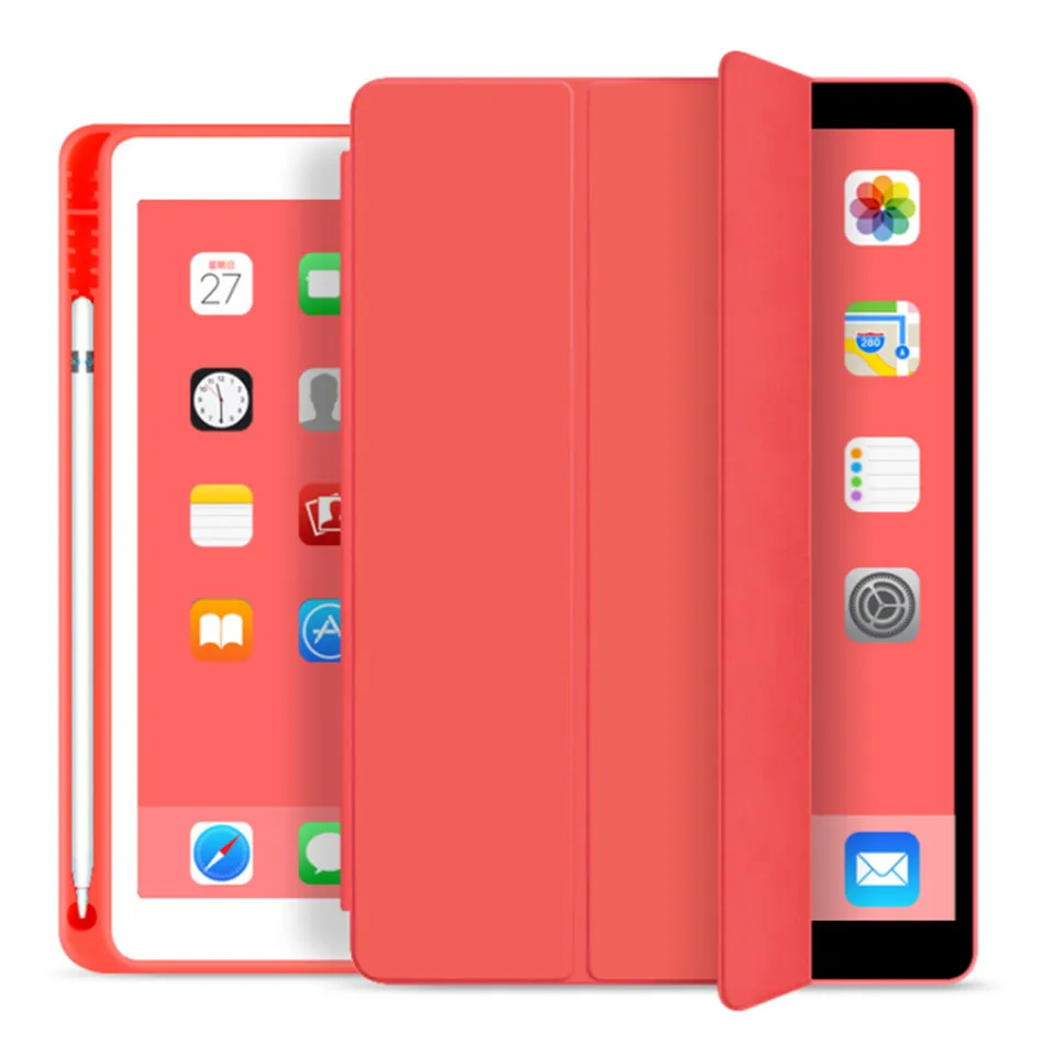Красный Для iPad 10,2 дюймов 7th Gen чехол с карандашом, откидная Складная подставка силиконовый мягкий чехол для iPad 10,2 чехол просыпается - Цвет: Красный