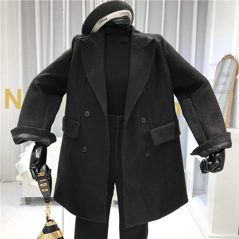 Двубортное зимнее пальто для женщин Abrigos Mujer Elegante отложной воротник на пуговицах однотонный Блейзер Куртка Теплый Толстый черный