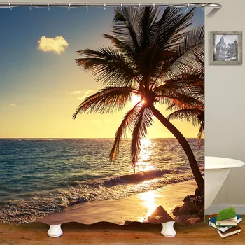 

Large Hawaii Shower Curtain Tree Beach Anti Mildew Polyester Waterproof Fabric Bathroom Decor Universal Summer Square