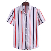 KISSQIQI Men Striped Short Sleeve Shirt Fashion Creative Turn-down Neck Shirt Loose Summer Male Tops Maximum Asian Size M-3XL