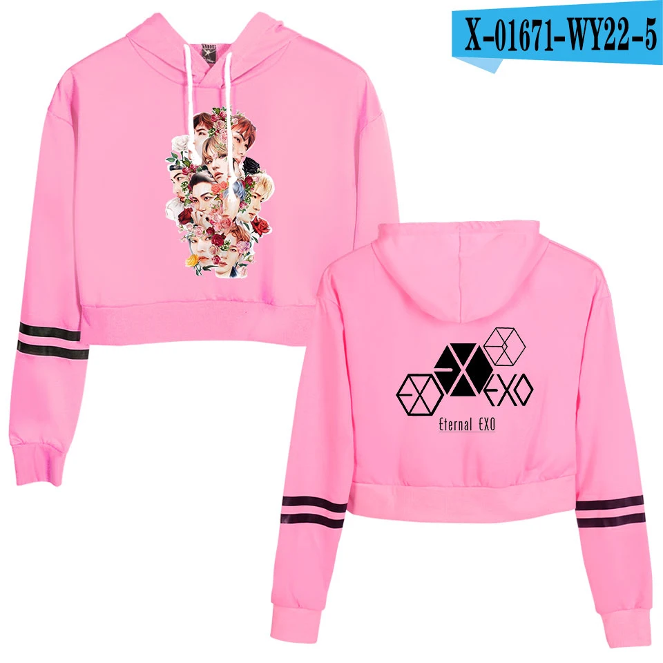 KPOP EXO PLANET#5 альбом Сексуальная укороченная Толстовка для женщин корейский EXO идол группа вентиляторы поддержка уличная EXO Kpop с капюшоном топы женские - Цвет: pink