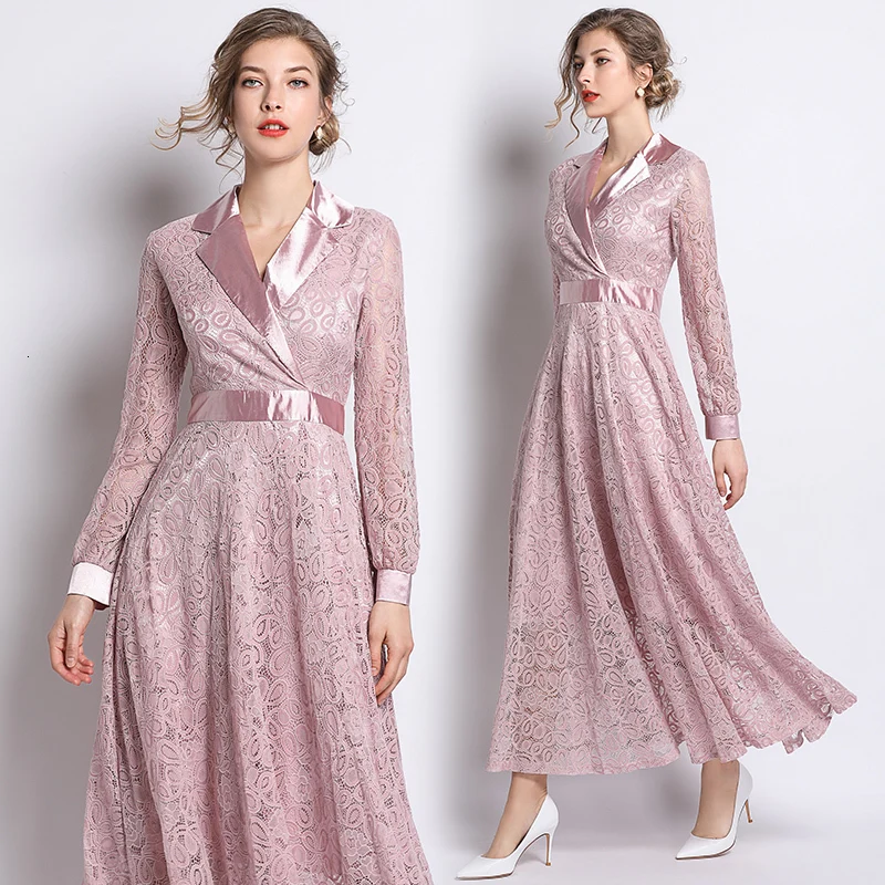 

Luxury Designer Fashion Women Lace Sheer V Neck Long Sleeve Hollow Out Festival Casual Vintage Pink Maxi Dress Elegant Dresses
