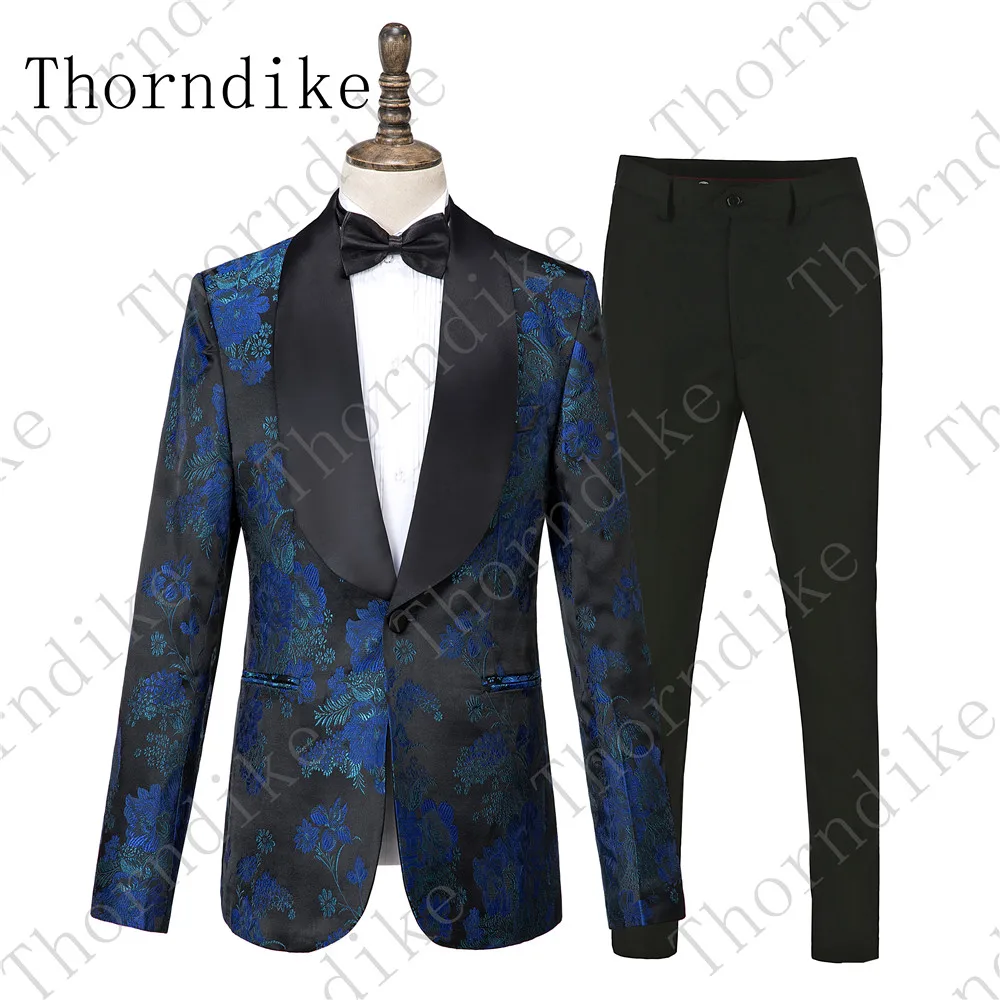 Thorndike Новое Поступление Черные смокинги для жениха на одной пуговице шаль лацкан Костюм для шафера жаккардовый принт мужские свадебные костюмы(куртка+ брюки