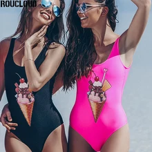 Черный розовый милый мороженое печати цельные купальные костюмы купальники женский Пляжный Купальник Одежда с открытой спиной Монокини