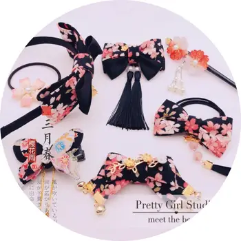 

Hair Ornaments Japanese Tsumami zaiku Sakura Girl Black Gold Stamping Lolita Kimono Yukata Bathrobe Headwear Cosplay Hairpin