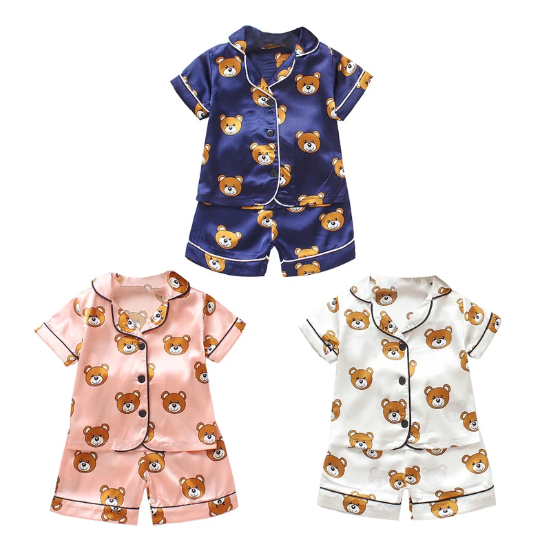 Новые летние детские пижамные комплекты одежды для девочек с милым медведем детский пижама для мальчиков, пижамный комплект, детская одежда для сна, От 3 месяцев до 6 лет