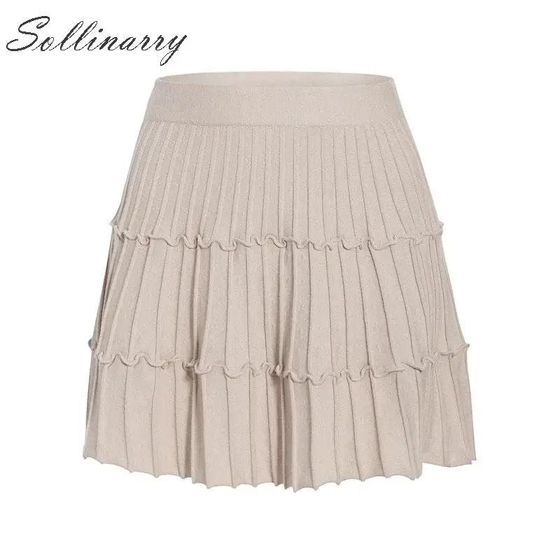 Sollinarry трикотажные короткие женские юбки осенние ретро однотонные повседневные Мини Юбки с оборками Женские зимние сексуальные юбки с высокой талией
