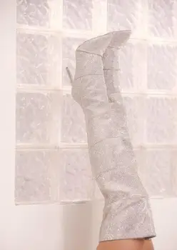 

Luxury Silver Rhinestone Pointed-Toe Over the Knee Boots Pointed Toe Zipper Long Boots High Quality Winter Runway Boots