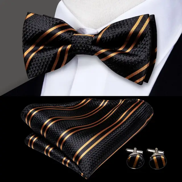 Hi-Tie Classic Black Bow Ties for Men 100% Silk Butterfly Pre-Tied Bow Tie Pocket Square Cufflinks Suit Set Floral Gold Bowties LH-561