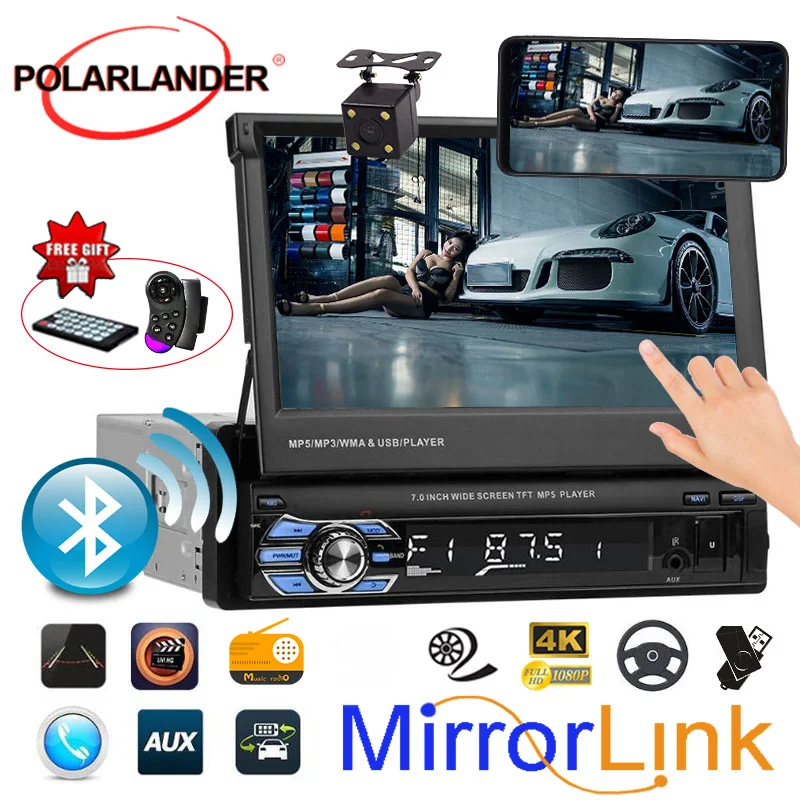 Retractable 1 Din Radio Car Stereo Audio 7 inch MP5 MP4 Player Aux/USB/TF/FM/touch screen/bluetooth 3 languages menu Mirror Link pioneer radio