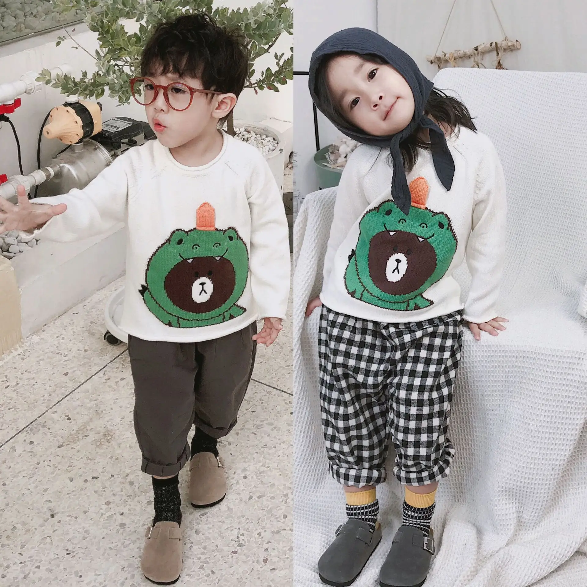 

18 Years New Style Stereo Animal Sweater Pullover Cotton Knitted Cartoon Dinosaur Bear Brothers Sisters Outfit
