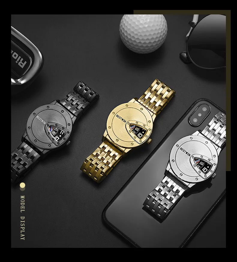 Luxury BESTWIN Brand Trend Cool Men's Wrist Watch Stainless Steel Technology Fashion Quartz Watch For Men 2021 Relogio Masculino
