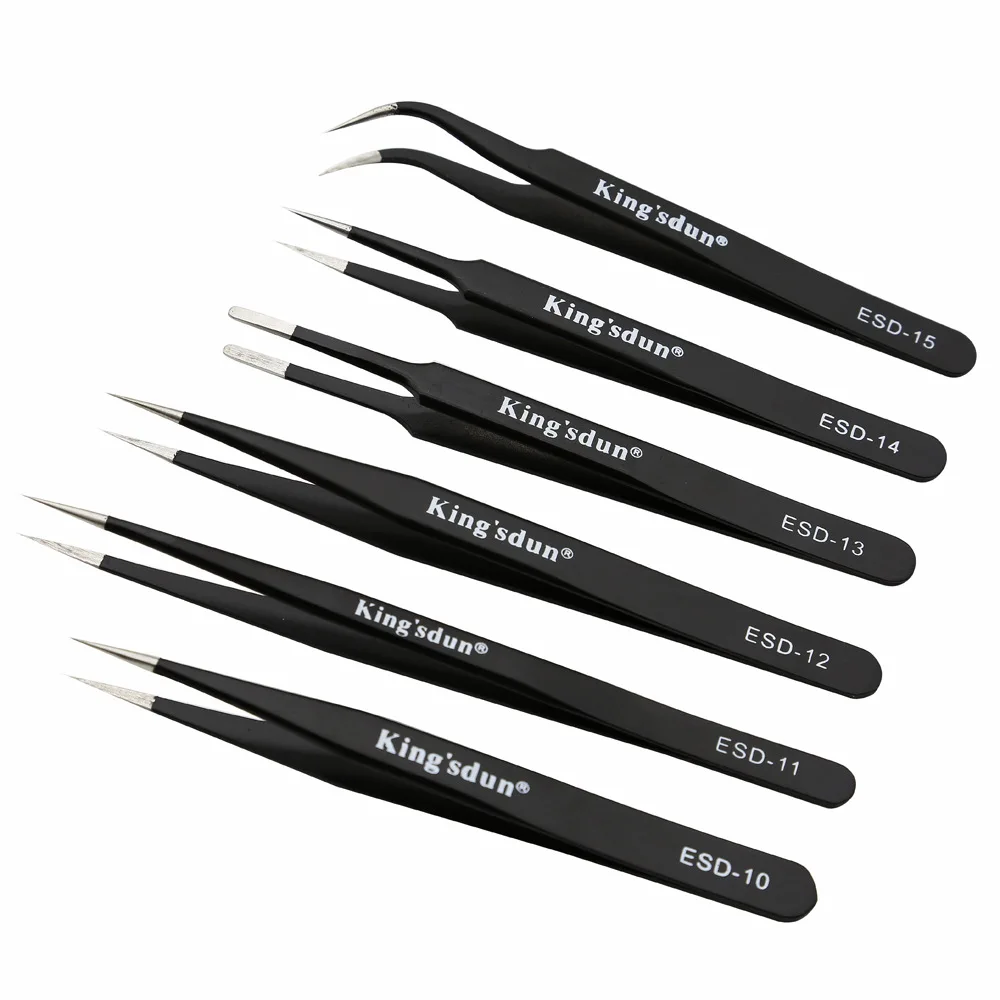 KING'SDUN 8Pcs Anti-static Tweezers ESD Stainless Steel Tweezers Set Industrial Precision Curved Straight Tweezer Repair Tools