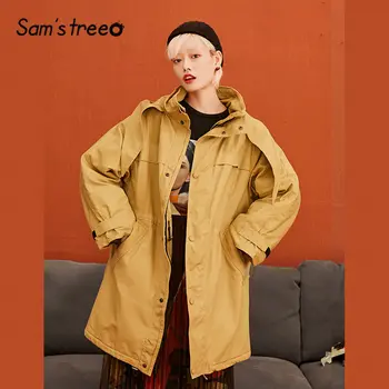 

SAM'S TREE Black Solid Knot Neckline Padded Coat Women 2019 Winter Khaki Pure Single Breasted Loose Casual Office Ladies Outwear