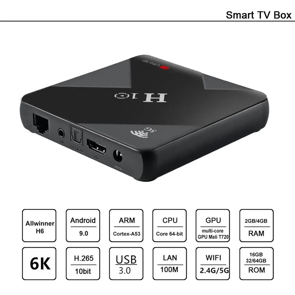 H10 Smart TV Box 2.4G 5G WiFi Allwinner H6 Android 9.0 USB 3.0 HDMI 2.0 Set Top Box Support 6K HDR H.265 4GB+32GB Media Player
