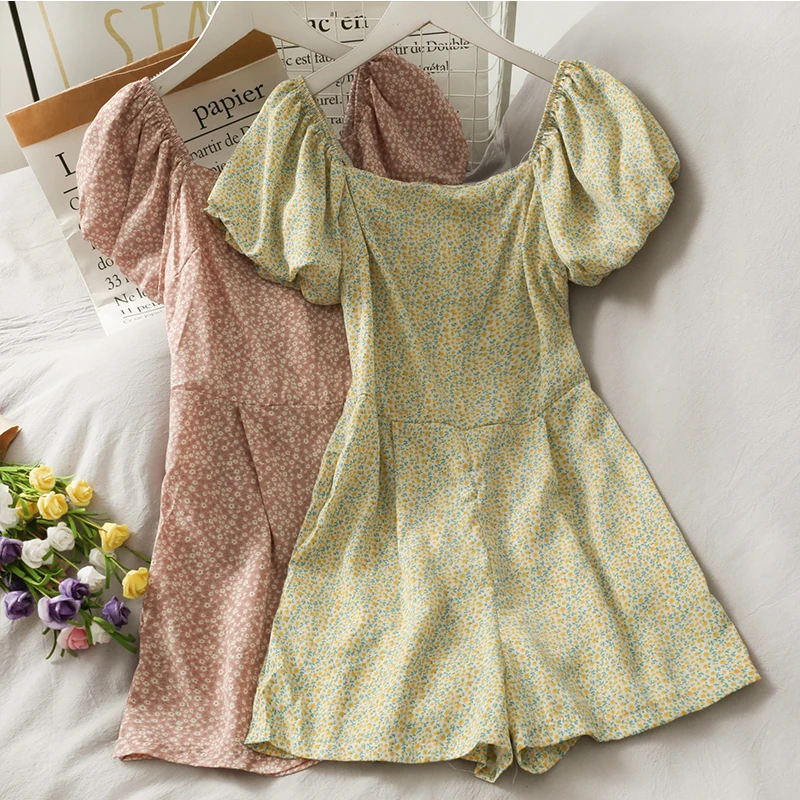 Body de vinatge para mujer, peleles retro con estampado floral, Mono corto de un hombro para mujer estampado, mono de manga farol 2021