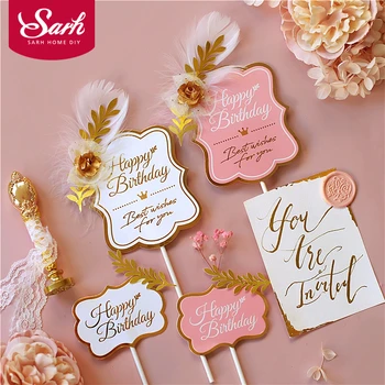 Оригинальный дизайн Винтажный стиль лист перо Топпер для торта «С Днем Рождения» вечерние украшения принадлежности для выпечки Подарки дл...
