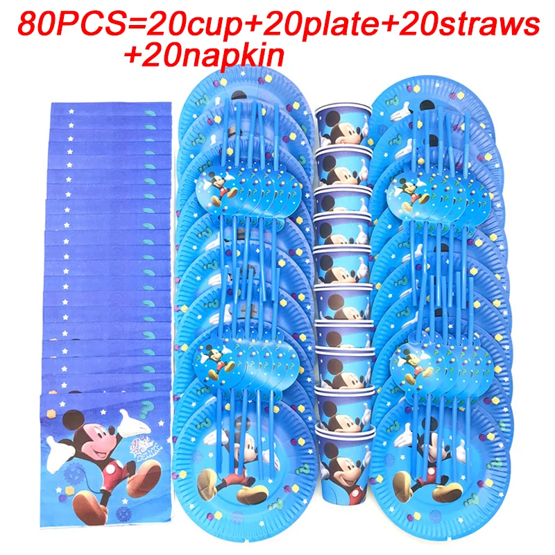 

80pc Disney Birthday Party Decorations Kids Mickey Mouse Disposable Cup Plates Straws Tableware Baby Mickey Mouse Party Supplies