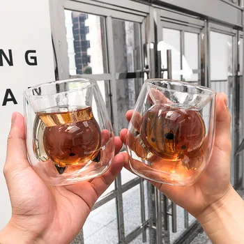 

Lovely Cat Bear Double Wall Coffee Mugs Transparent Glass Household Drink Water Cup Office School Afternoon Tea Black Tea Teacup