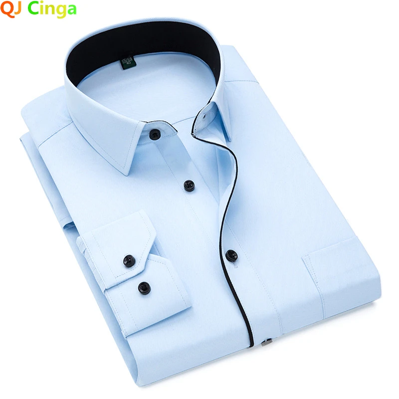 Men Long Sleeve Shirt Black and White Patchwork Business Office Sky Blue Slim Fit S-5XL
