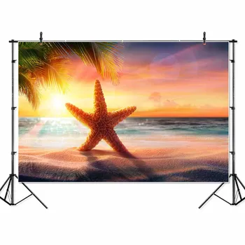 

Summer Beach Beautiful sunsetpalm tree leaves beach Star Fish sea tropical summer Studio Photo Background Photocall Party Banner
