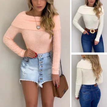 

Fashion Women Round Neck Sweet Solid Color Pullover Tops Long-sleeved Slim Warm Casual Soft Sweter