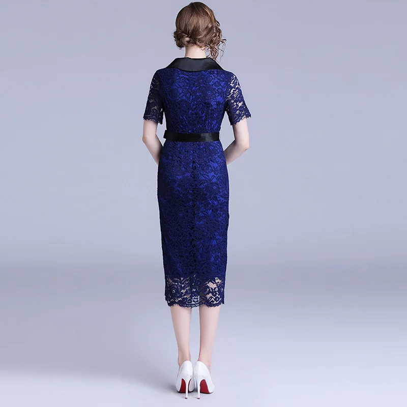 

Photo Shoot 2018 New Style Skirt Summer Retro Blue Lace Slim Fit Waist Hugging Sheath Button WOMEN'S Dress