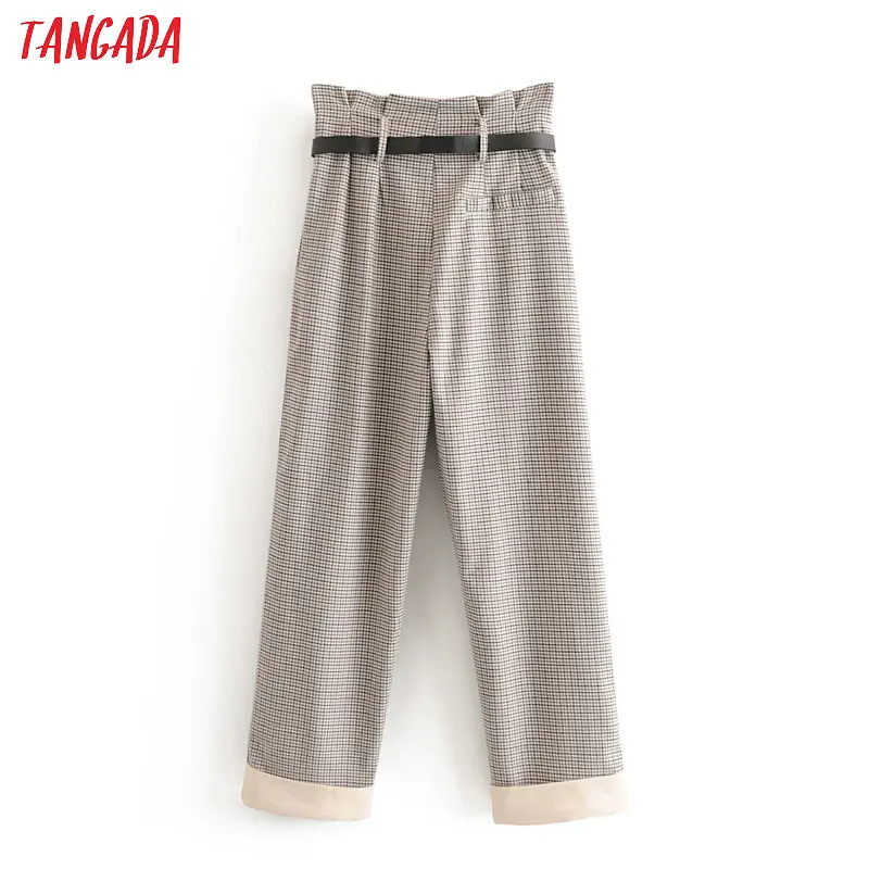 Tangada, Модный женский костюм в клетку, брюки, брюки с ремнем, на молнии, для офиса, леди, высокая талия, бумажный мешок, штаны, pantalon 6A345