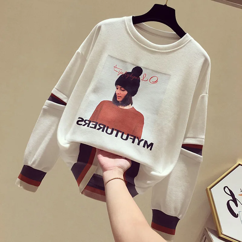 SWYIVY, весенняя, осенняя, с круглым вырезом, Лоскутная, толстовка, женская, свободная, с круглым вырезом, с принтом персонажа, пуловеры, свитшоты, повседневная верхняя одежда, Топ