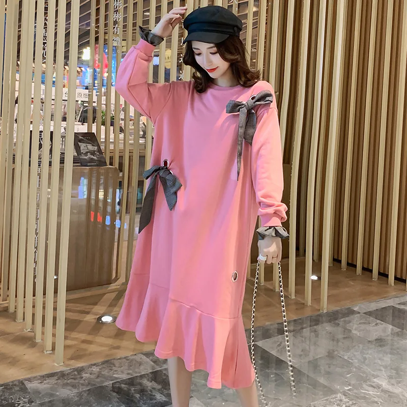 

2019 New Style Pregnant Women Spring And Autumn Korean-style Ribbon Loose-Fit Explicit Thin Long Hoodie Pregnant Women Dress
