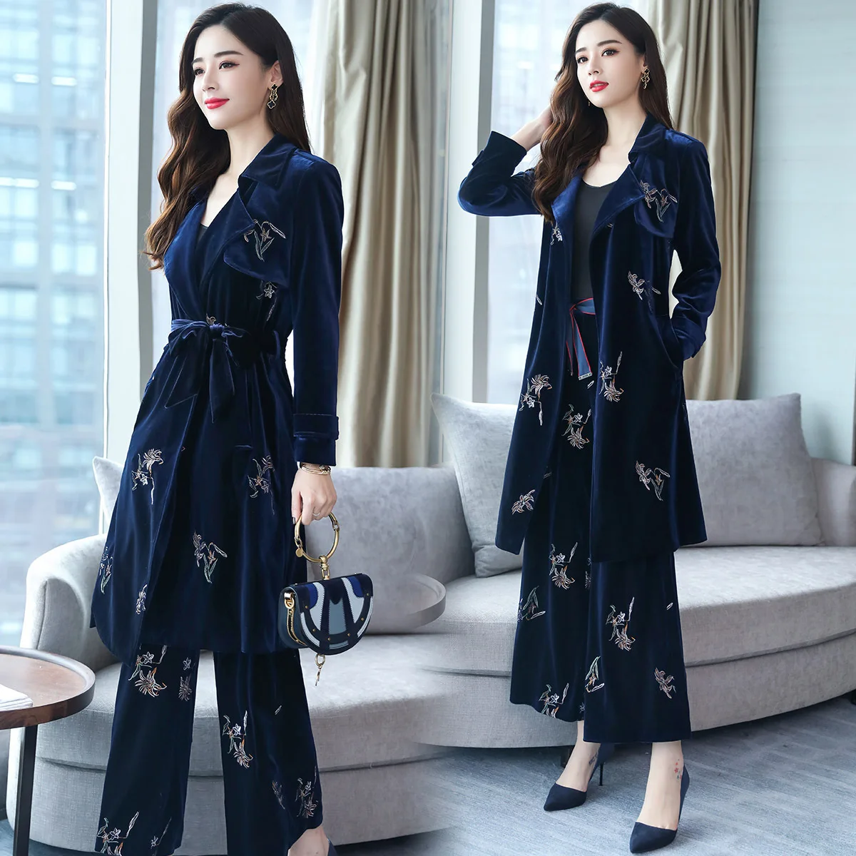 

2018 Autumn New Style Style Retro Literature And Art-Style Set Women's Long Coat Loose Pants Gold Velvet Two
