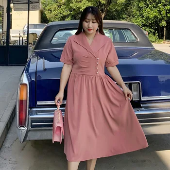 

Women's summer solid color chiffon button dress plus size plus size knee length casual dress 100 kg can wear