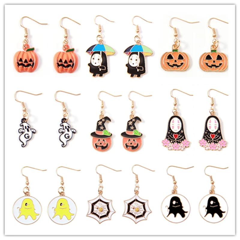 Kawaii Women's Drop Earings Halloween Jewelry 2020 Trendy Pumpkin Ghost Long Dripping Oil Dangles Specter Spider Web Korean | Украшения