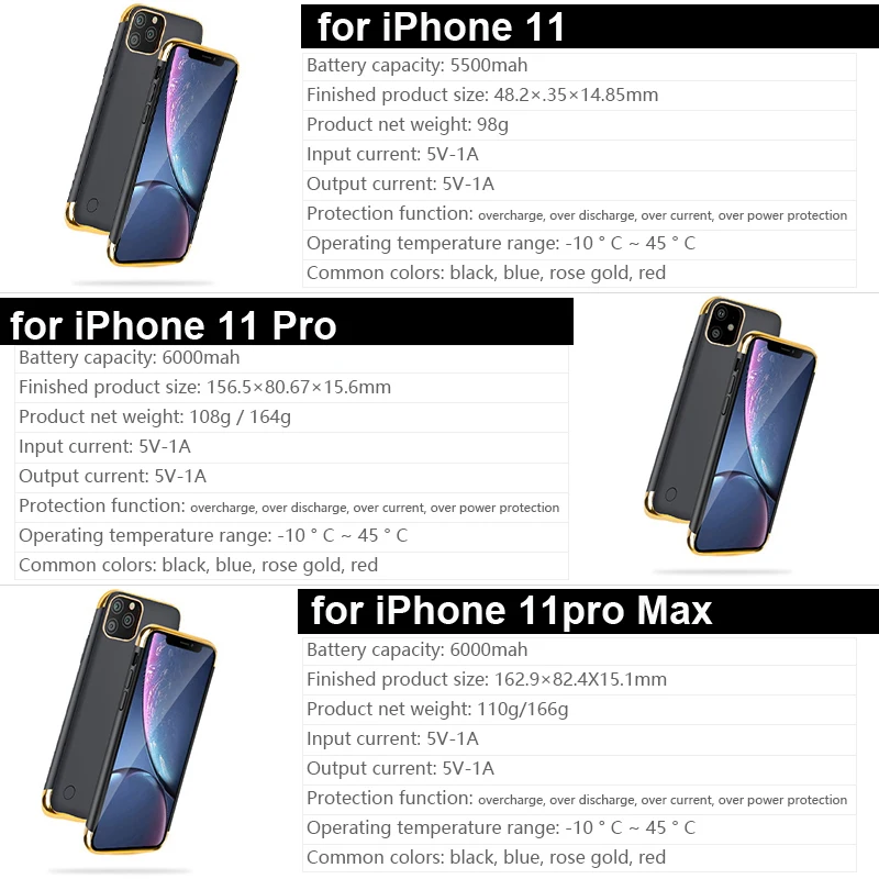 Для iPhone 11 Pro/iPhone 11 Pro Max Батарея Зарядное устройство чехол Портативный 6000/5500 мА/ч, внешняя Мощность Bank зарядное устройство чехол для iPhone 11