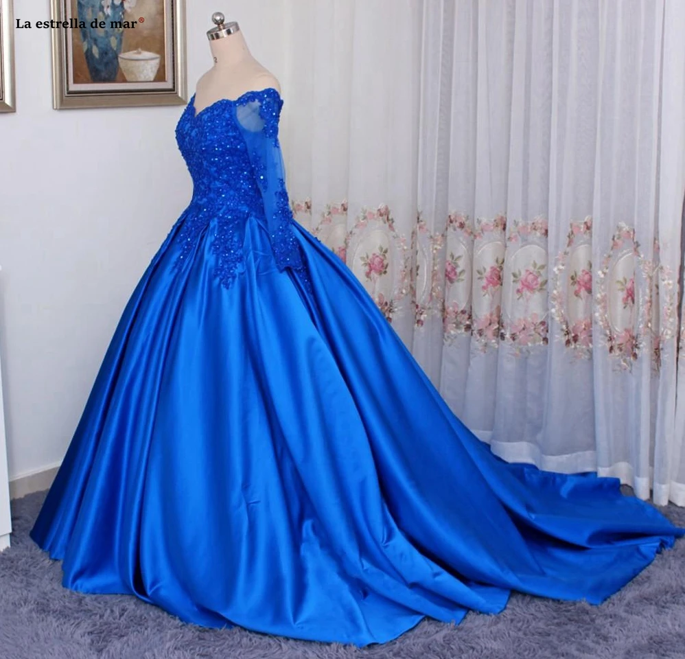 Vestido baile/Новое Кружевное атласное сексуальное платье с v-образным вырезом, с открытыми плечами, с длинным рукавом, королевское синее платье для выпускного вечера, турецкая ночь